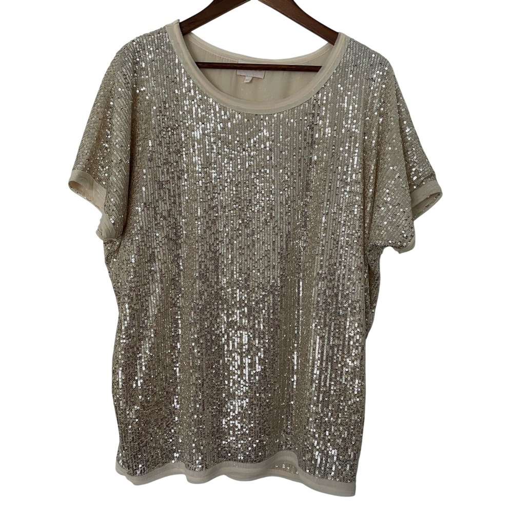 Entro XL Sequin Top Ivory Silver Sparkle Party Holiday Cocktail Blouse Raw Hem
